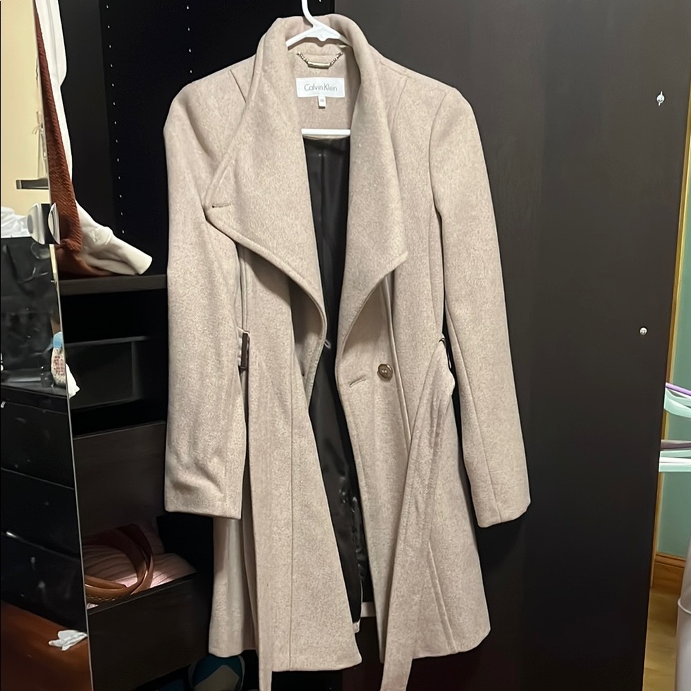 Calvin Klein Cream Trench Coat with Belted Wrap Design